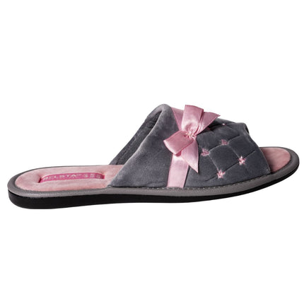 Side profile of grey quilted velour slide slipper with pink satin bow - BELSTA The Vanity Slippers