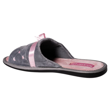 Grey velour slide slipper angled back view showing quilted upper - BELSTA The Vanity Slippers