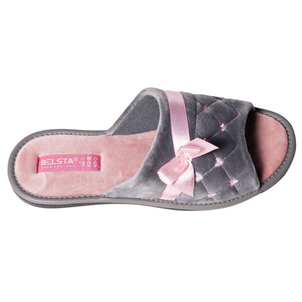 Grey velour slide slipper with pink quilted stitching, three-quarter view - BELSTA The Vanity Slippers