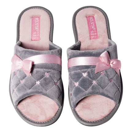Pair of grey velour slide slippers with pink satin bows, front view - BELSTA The Vanity Slippers