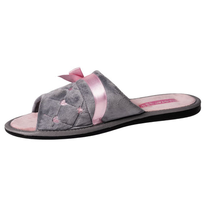 Grey quilted velour slide slippers pair, stacked side view - BELSTA The Vanity Slippers