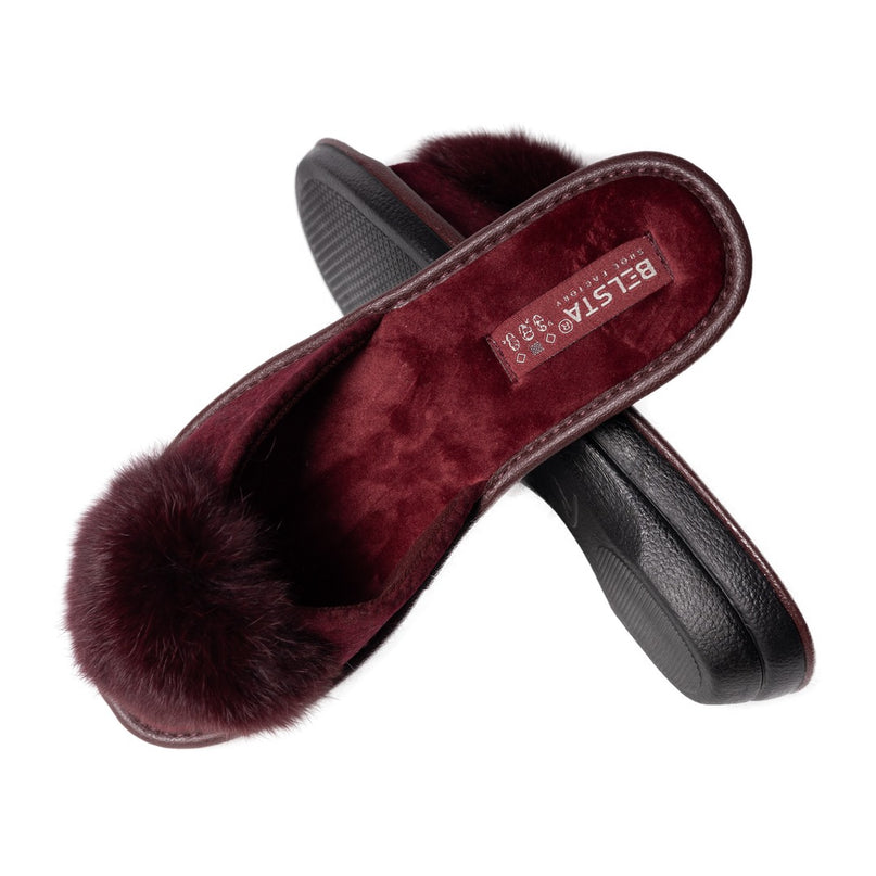Pair of burgundy velour pom-pom slippers with BELSTA insole label - The Pom-Pom Slippers