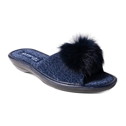 Navy velour slide slipper with fluffy fur pom-pom, three-quarter view - BELSTA The Midnight Slippers