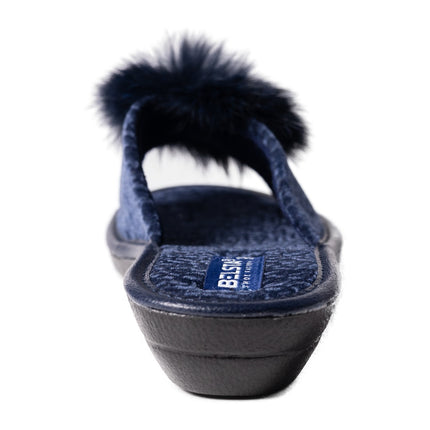 Rear view of navy velour slipper with plush insole and pom-pom - BELSTA The Midnight Slippers