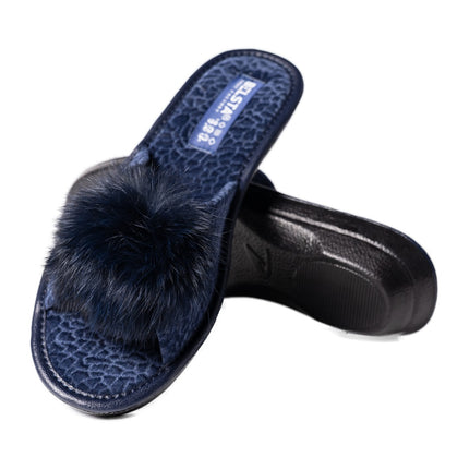 Pair of navy fur pom-pom slippers with BELSTA insole label - The Midnight Slippers
