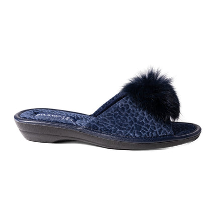 Navy velour slide slipper side profile with fur pom-pom - BELSTA The Midnight Slippers