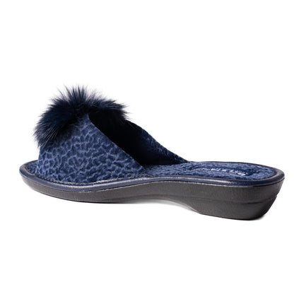 Navy velour slide slipper rear view with non-slip wedge sole - BELSTA The Midnight Slippers