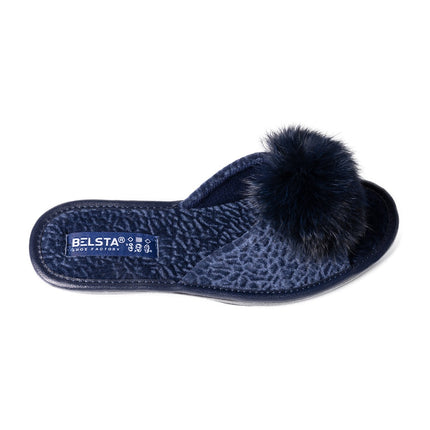 Top view of navy velour slipper with plush BELSTA-branded insole - The Midnight Slippers