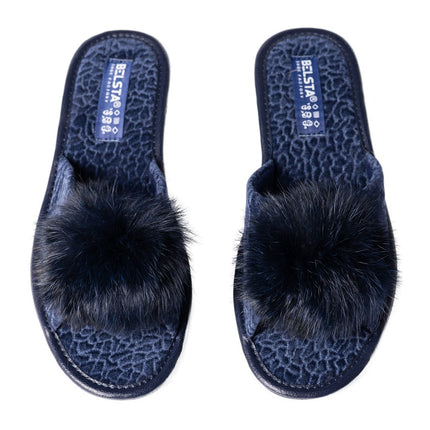 Pair of navy velour pom-pom slide slippers, top view - BELSTA The Midnight Slippers