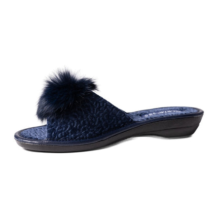 Navy velour slide slipper outer side view with pom-pom accent - BELSTA The Midnight Slippers