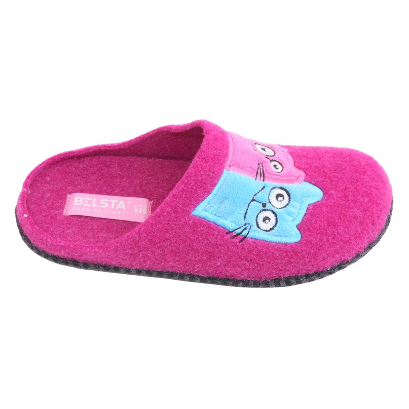 BELSTA The Tomcat Felt Slippers — women's fully closed slippers in fuchsia Italian felt with velour cat applique, front view