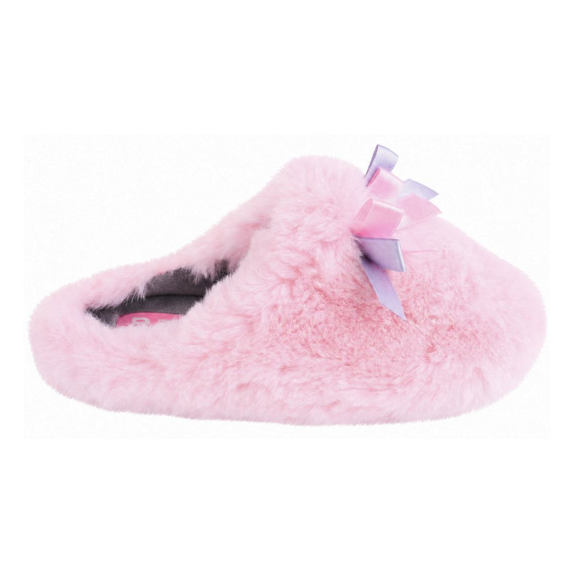 BELSTA The Blush Plush Slippers — women's closed-toe mule in blush-pink plush with satin ribbon bow, front view