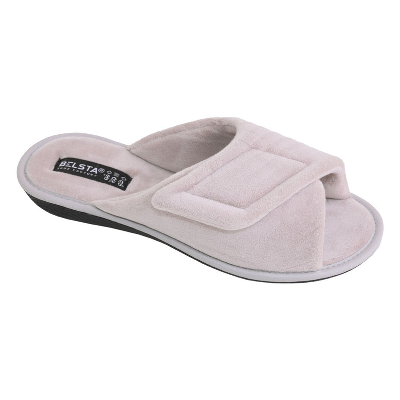BELSTA The Dove Velour Slippers — women's open-toe slide in dove-grey plush velour with adjustable hook-and-loop strap, front view
