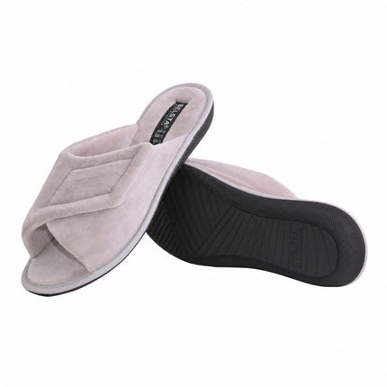The Dove Velour Slippers by BELSTA — side view of the velour upper, instep strap and non-slip sole