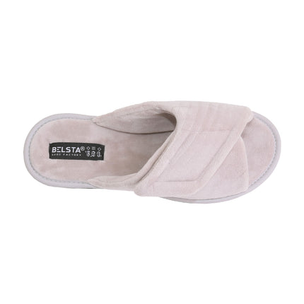 The Dove Velour Slippers — strap opened to show the adjustable fit for high or swollen insteps
