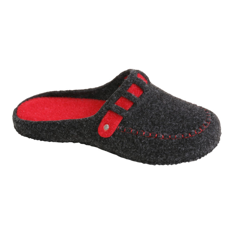 BELSTA The Ember Felt Slippers — women's loafer-style slippers in charcoal Italian felt with red felt strap, front view