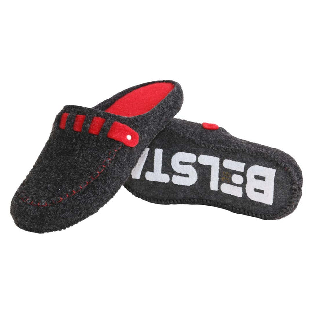 The Ember Felt Slippers by BELSTA — side view of the charcoal felt upper with red stitching and felt sole