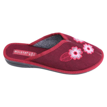 BELSTA The Cranberry Wool Slippers — women's closed-toe wool mule in cranberry red with embroidered white flowers, front view