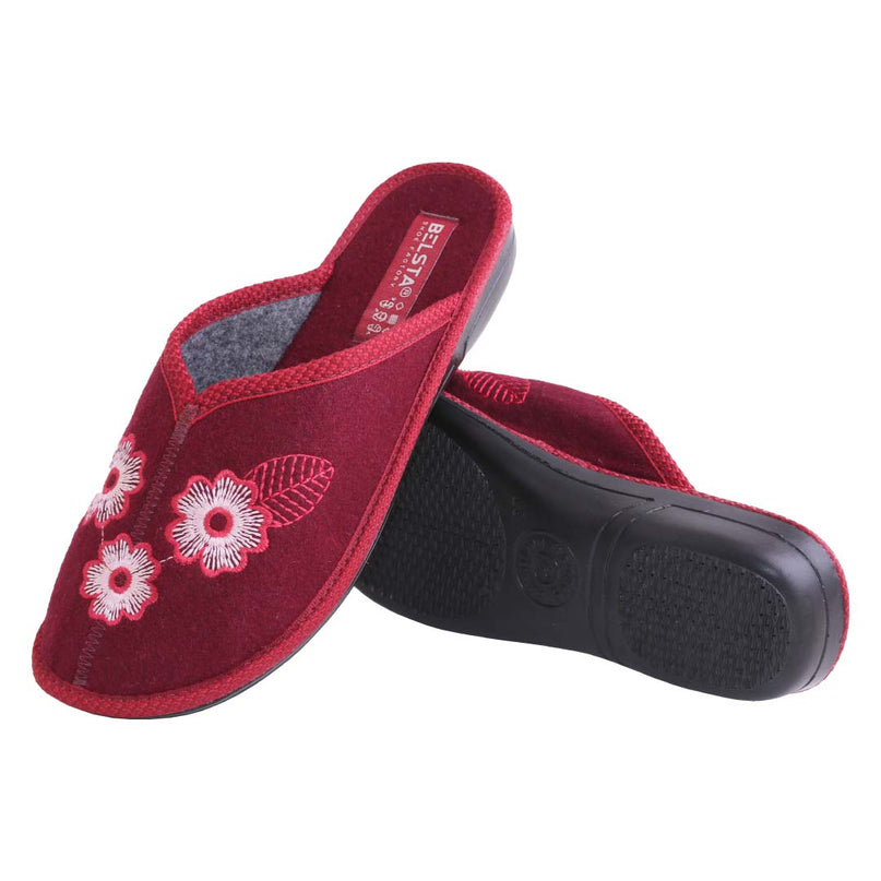 The Cranberry Wool Slippers by BELSTA — side view of the wool upper, embroidered flowers and non-slip sole