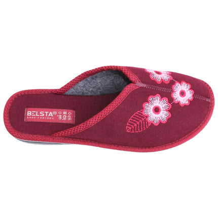 BELSTA Cranberry Wool Slippers — top view of the pair with wool footbed