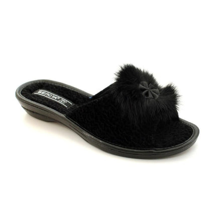 Black velour slide slipper with plush faux-fur bow, three-quarter view - BELSTA The Noir Bow Slippers