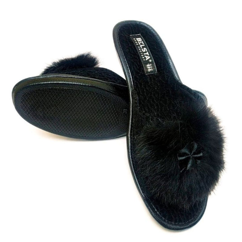 Pair of black velour bow slippers with BELSTA insole label - The Noir Bow Slippers